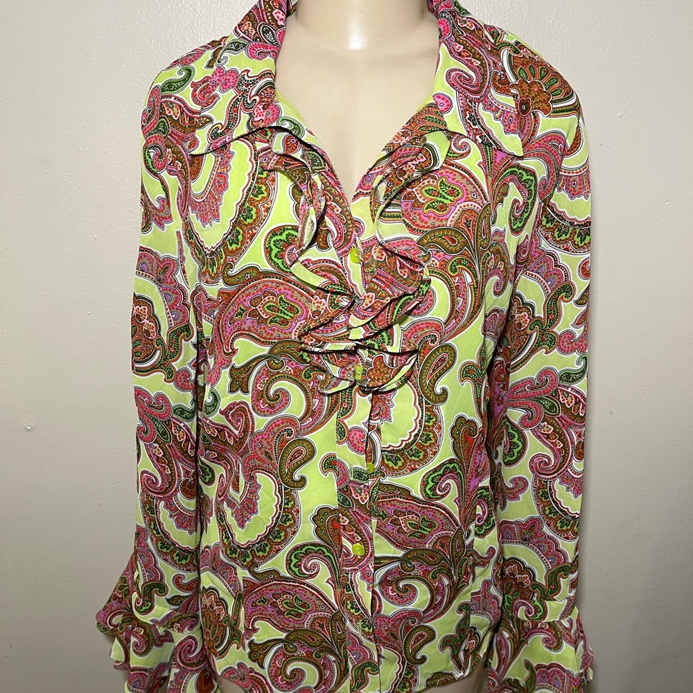 Milano Paisley Ruffle Blouse - Pink and Green